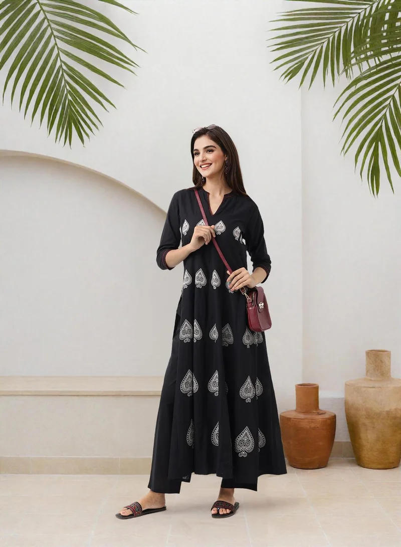 ISHIN  Women's Black 100% Cotton Embellished Tunic Full Length Casual Straight Fit Kurta Set for Women | Best Price UAE